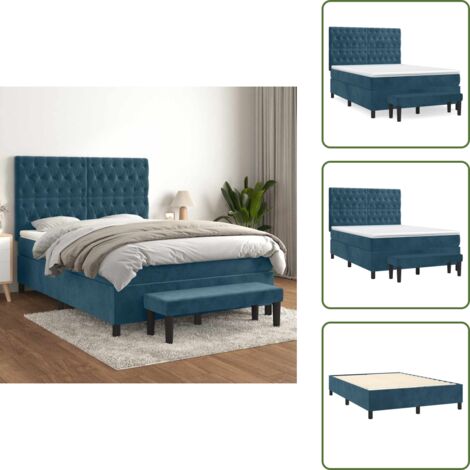 The Living Store Giroletto a Molle con Materasso Blu Scuro 140x190 cm in Velluto - Materasso a molle
