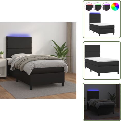 The Living Store Giroletto a Molle con Materasso e LED Nero 90x190 cm Similpelle - Materasso a molle
