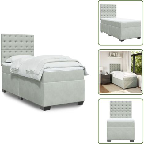 The Living Store Giroletto a Molle con Materasso Grigio Chiaro 100x200cm Velluto - Materasso a molle insacchettate
