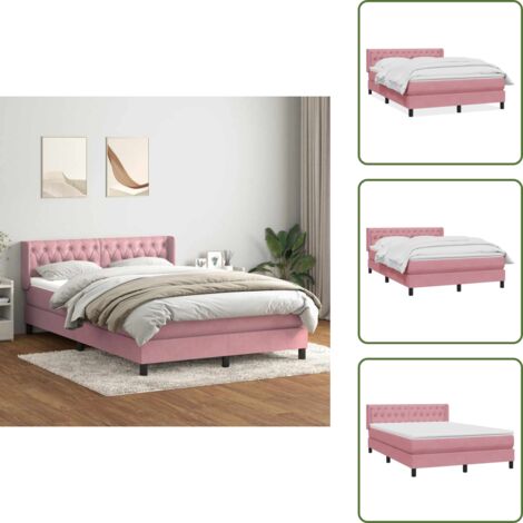 The Living Store Giroletto a Molle con Materasso Rosa 160x210 cm in Velluto - Materasso a molle insacchettate