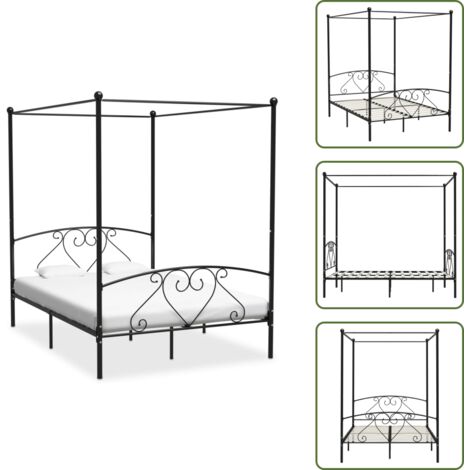 The Living Store Giroletto Baldacchino senza Materasso Nero 140x200 cm Metallo - Letto con baldacchino