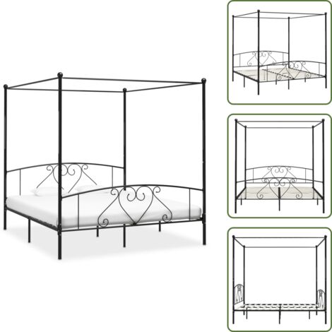 The Living Store Giroletto Baldacchino senza Materasso Nero 180x200 cm Metallo - Letto a baldacchino