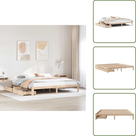 The Living Store Giroletto con Cassetti 180x200 cm in Legno Massello di Pino - Letto con cassetti