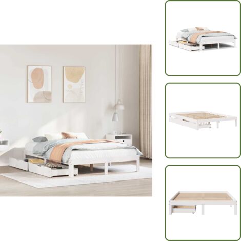 The Living Store Giroletto con Cassetti Bianco 135x190 cm Legno Massello di Pino - Letto con cassetti