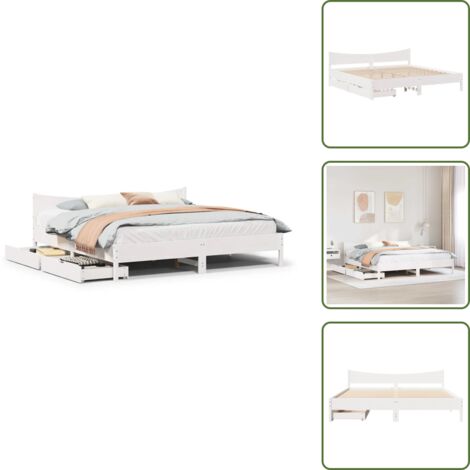 The Living Store Giroletto con Cassetti Bianco 200x200 cm Legno Massello di Pino - Letto con cassetti