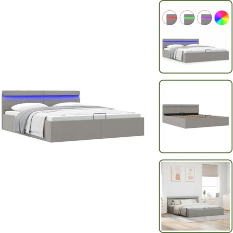 The Living Store Giroletto con Contenitore e LED Grigio Chiaro Tessuto 160x200cm - Letto matrimoniale