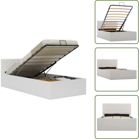 The Living Store Giroletto con Contenitore Idraulico Bianco Similpelle 90x200cm - Letto con vano portaoggetti