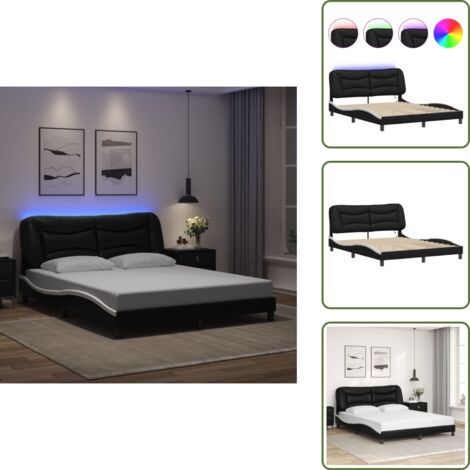 The Living Store Giroletto con LED senza Materasso Hvar Nero e Bianco 160x200 cm - Cuscino testiera con luci LED