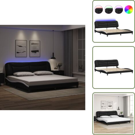 The Living Store Giroletto con LED senza Materasso Hvar Nero e Bianco 200x200 cm - Cuscino testiera con luci LED