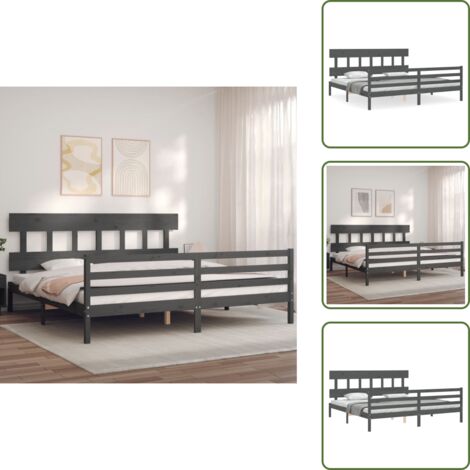 The Living Store Giroletto con Testiera Grigio 200x200 cm in Legno Massello - Letto con testiera