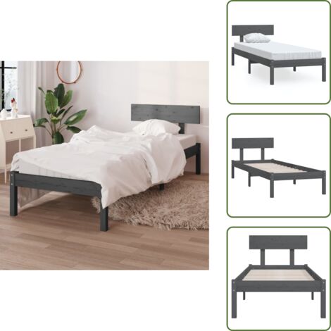 The Living Store Giroletto Grigio in Legno Massello di Pino 90x190 cm Single - Letto in legno