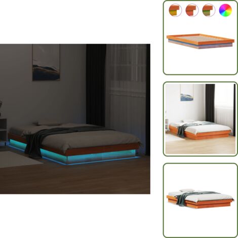 The Living Store Giroletto LED Marrone Cera 120x190 cm in Legno Massello di Pino - Letto con luci LED