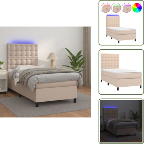 The Living Store Giroletto Molle Materasso e LED Cappuccino 90x200 cm Similpelle - Letto con LED