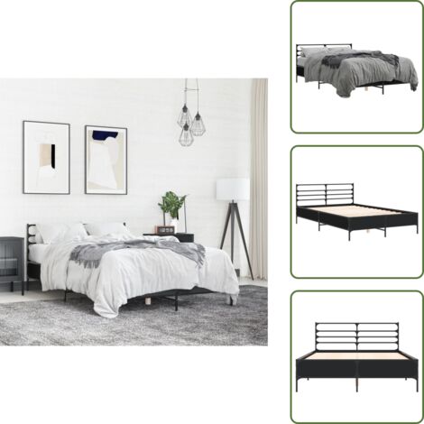 The Living Store Giroletto Nero 120x190 cm in Legno Multistrato e Metallo - Letto in legno