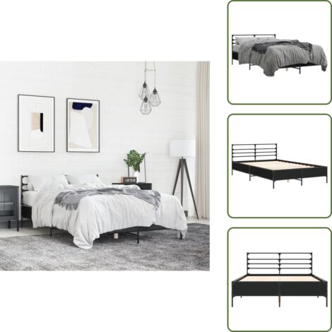 The Living Store Giroletto Nero 120x200 cm in Legno Multistrato e Metallo - Letto in legno