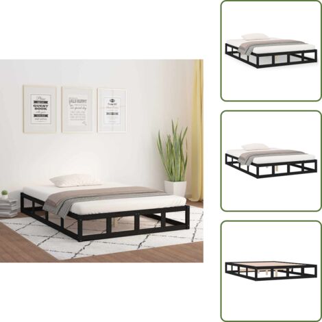 The Living Store Giroletto Nero 140x190 cm in Legno Massello - Letto in legno