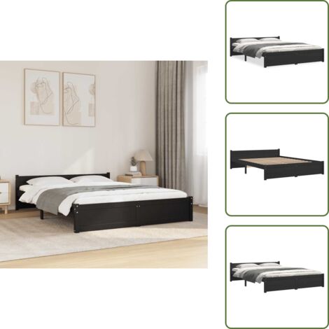 The Living Store Giroletto Nero in Legno Massello 140x190 cm - Letto in legno
