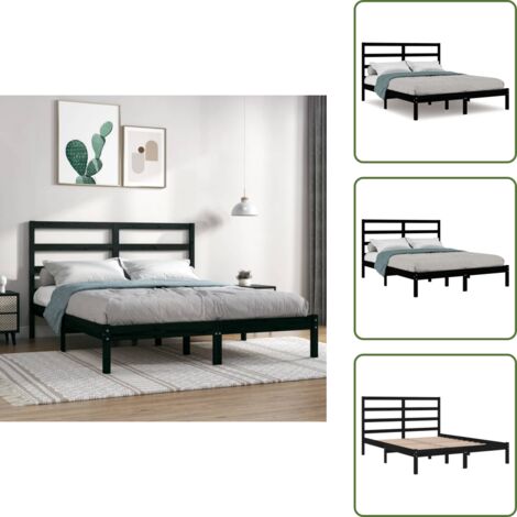 The Living Store Giroletto Nero in Legno Massello di Pino 140x190 cm - Letto in legno