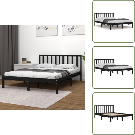 The Living Store Giroletto Nero in Legno Massello di Pino 140x190 cm - Letto in legno