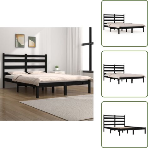 The Living Store Giroletto Nero in Legno Massello di Pino 140x190 cm - Letto in legno