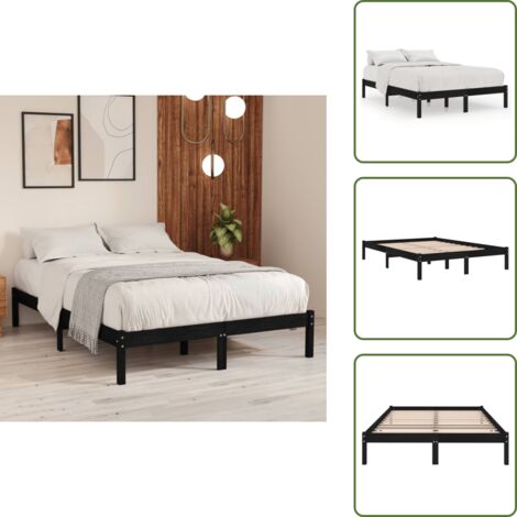 The Living Store Giroletto Nero in Legno Massello di Pino 140x190 cm - Letto in legno