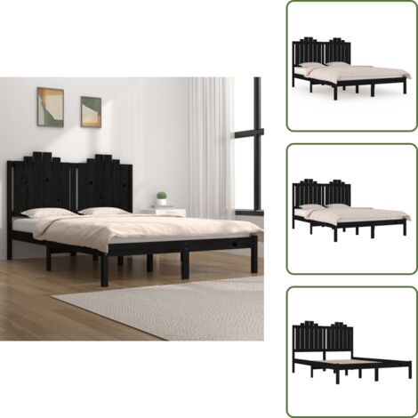 The Living Store Giroletto Nero in Legno Massello di Pino 140x190 cm - Letto in legno