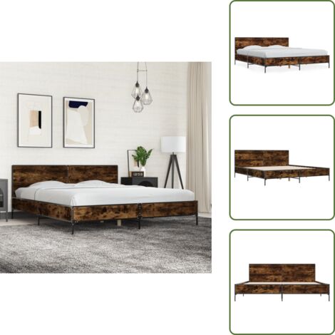 The Living Store Giroletto Rovere Fumo 200x200 cm in Legno Multistrato e Metallo - Letto con gambe in metallo