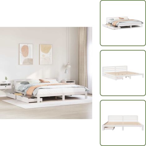 The Living Store Giroletto senza Materasso Bianco 180x200 cm Legno Massello Pino - Letto con cassetto