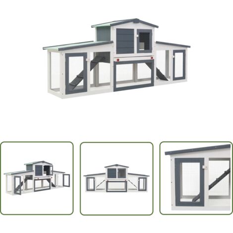 The Living Store Großer Kaninchenstall Grau und Weiß 204x45x85 cm Holz - Holzhaus - Kaninchendrache - Kleintierstellplatz - Tiergehege - Kaninchenstall