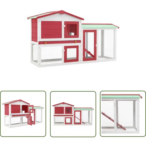The Living Store Großer Kaninchenstall Rot und Weiß 145x45x84 cm Holz - Holzhaus - Kaninchendrache - Tiergehege - Kleintiere - Kaninchenstall