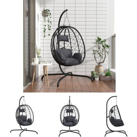 The Living Store Hängesessel Ei mit Kissen Anthrazit Poly Rattan & Stahl -  Hollywoodschaukeln