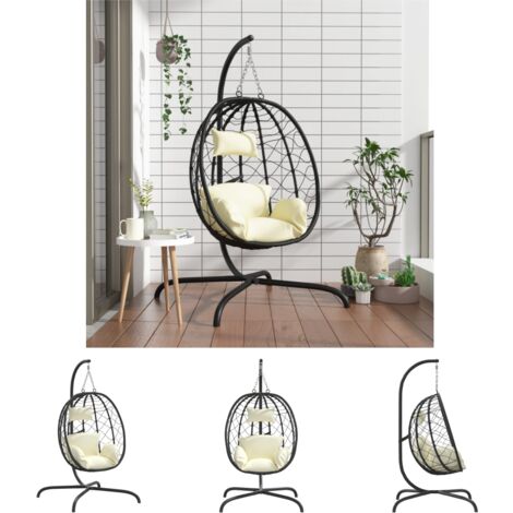 The Living Store Hängesessel Ei mit Kissen Cremeweiß Poly Rattan & Stahl - Hollywoodschaukeln
