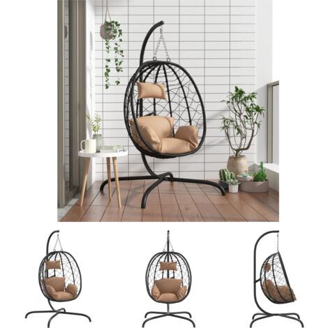 The Living Store Hängesessel Ei mit Kissen Taupe Poly Rattan & Stahl -  Hollywoodschaukeln