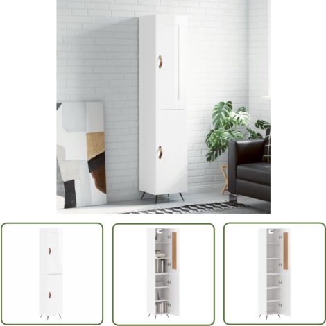 The Living Store Highboard Hochglanz-Weiß 34,5x34x180 cm Holzwerkstoff - Hochboard - Wohnzimmermöbel - Sideboard - Regal - Aufbewahrung