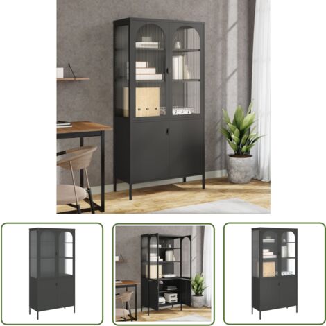 The Living Store Highboard Schwarz 90x40x180 cm Glas und Stahl - Sideboard - Hochschrank - Regal - Wohnzimmermöbel - Modernes Design