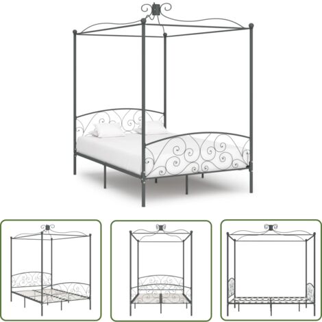 The Living Store Himmelbett-Gestell Grau Metall 140 x 200 cm - Himmelbett Gestell - Metallbettrahmen - Doppelbett Rahmen - Boxspring Bett - Schlafraum Dekoration