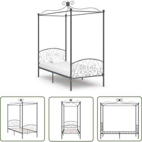 The Living Store Himmelbett-Gestell Grau Metall 90 x 200 cm - Himmelbett Gestell - Metallbettrahmen - Doppelbett Rahmen - Boxspring Bett - Bettgestell Grau