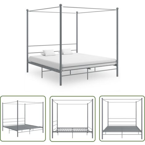 The Living Store Himmelbett Grau Metall 180x200 cm - Himmelbett - Bettrahmen - Metallbett - Doppelbett - Grau