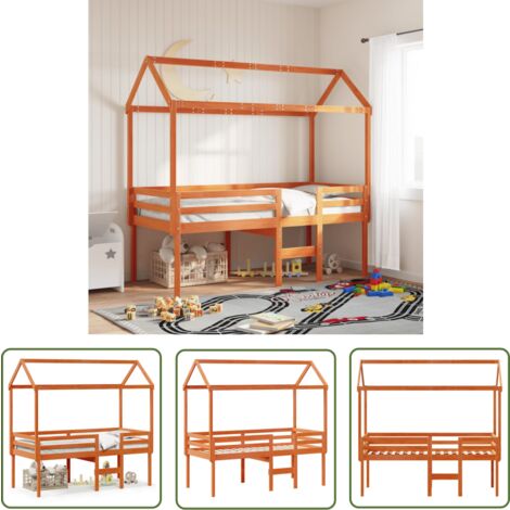 The Living Store Hochbett mit Dach Wachsbraun 90x190 cm Massivholz Kiefer - Kinderbett - Hochbett - Holzbett - Kiefernholzbett - Jugendzimmer