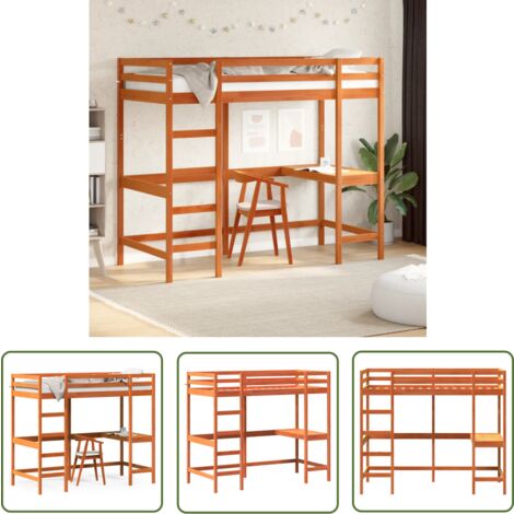 The Living Store Hochbett mit Schreibtisch Wachsbraun 90x200cm Massivholz Kiefer - Hochbett - Jugendzimmer - Kinderschlafzimmer - Schreibtischbett - Holzbett
