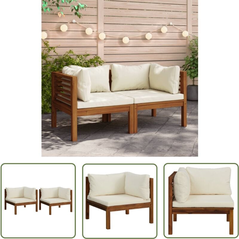 The Living Store - Canapés d'angle 2 pcs avec coussins blanc crème Acacia solide - Canape D'angle - Mobilier De Jardin - Meubles De Jardin - Canapé