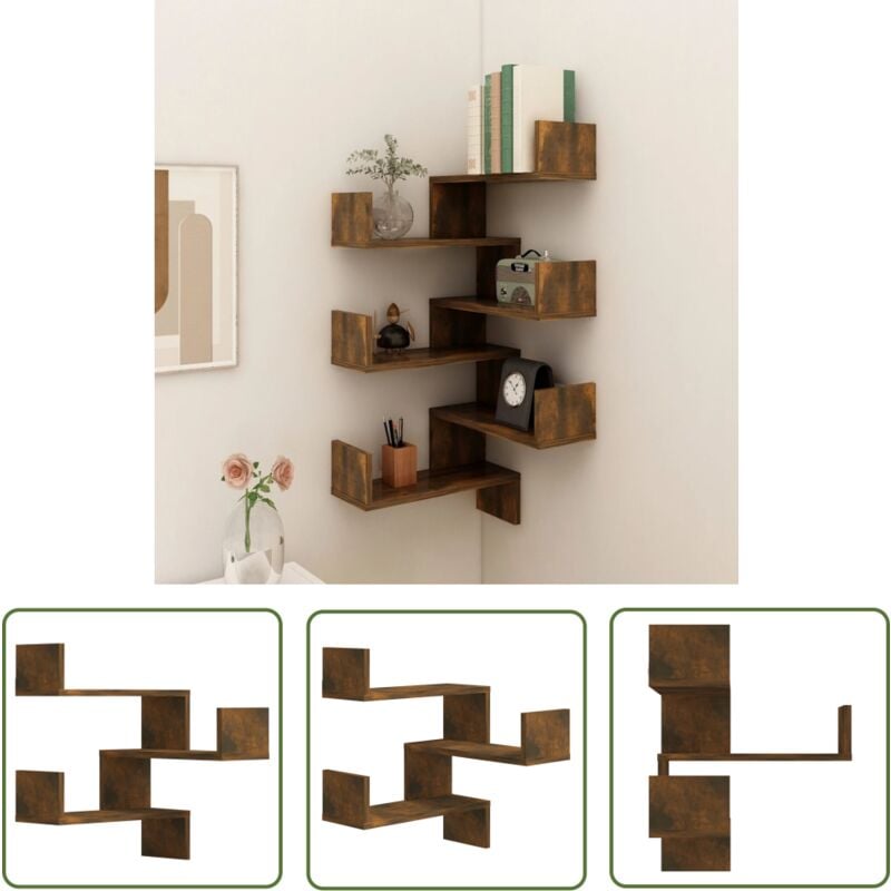 The Living Store Étagères d'angle murales 2 pcs Chêne fumé 40x40x50 cm Bois - Etagere Murale - Étagère D'angle - Meuble Mural - Rangement Mural