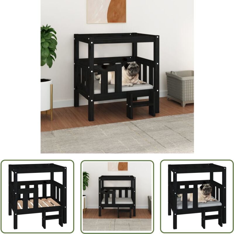 The Living Store - Lit pour chien Noir 65,5x43x70 cm Bois de pin solide - Panier Pour Chien - Lit Pour Chien - Maison Pour Chien - Couchage Chien