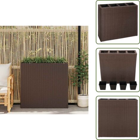 The Living Store Jardinera alta con 4 macetas ratán sintético marrón - Macetas extraíbles