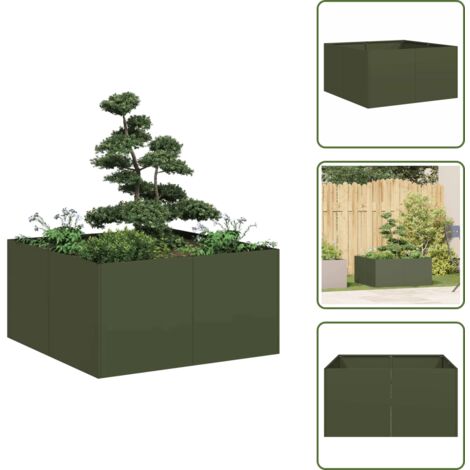 The Living Store Jardinera de acero laminado en frío verde oliva 80x80x40 cm - Jardinera de acero laminado en frío
