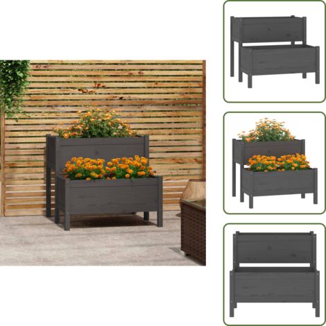 The Living Store Jardinera de madera maciza de pino gris 84,5x84x75 cm - Maceta de dos niveles