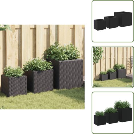 The Living Store Jardineras 3 unidades ratán sintético negro - Maceteros sintéticos