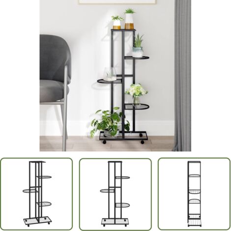 The Living Store Jardinière à 5 niveaux avec roues 44x23x100 cm Noir Fer - Support Plante - Jardinerie - Étagère Murale - Fleur Pot - Décoration Intérieur