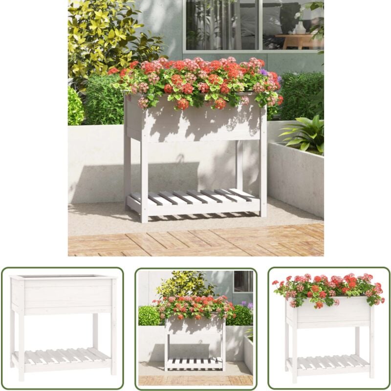 Jardinière avec étagère Blanc 82,5x54x81 cm Bois massif de pin - Jardinier - Jardinière - Plante - Décoration Extérieur - Terrasse - The Living Store