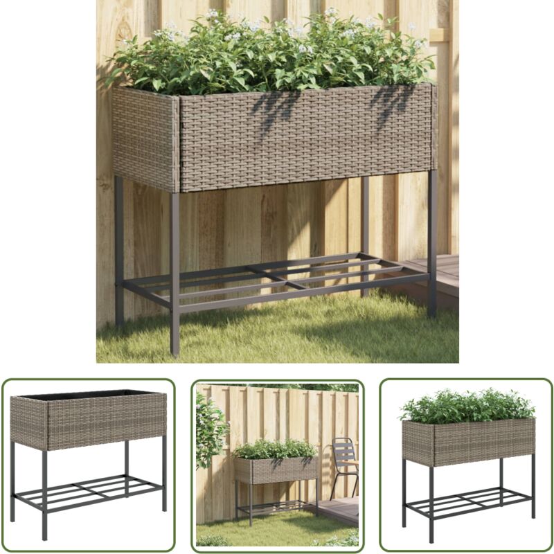 Jardinière avec étagère gris résine tressée - Jardinieres Exterieures - Pot De Fleurs Extérieur - Résine Tressée - Jardinière Design - Rangement
